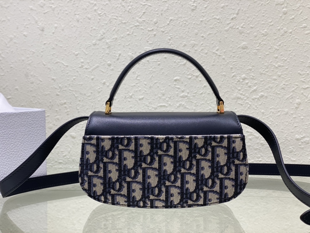 Small 30 Montaigne Avenue Top Handle Bag Blue Dior Oblique Jacquard and Ribbed Calfskin